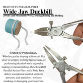 Duckbill parallel action pliers with wide jaws for jewelry making.